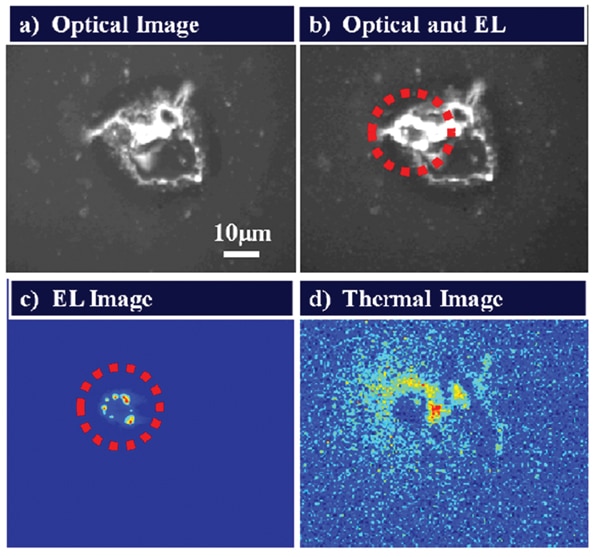 Figure 2. Images of poly-Si. 2a) Optical image of a defect, 2b) Optical image with EL combined to show the location of the EL on the defect, 2c) EL signal in reverse bias, and 2d) Thermal image of defect at 30V reverse bias.